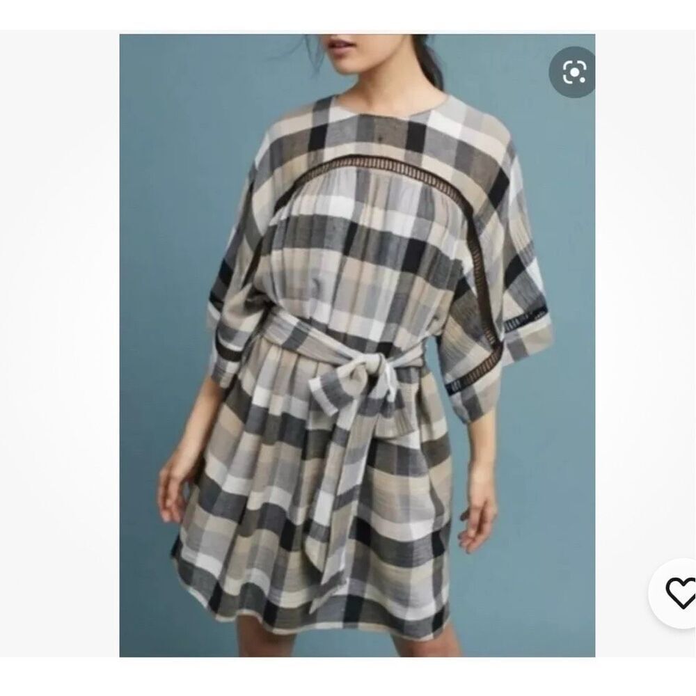 Anthropologie MAEVE Tie-Waist Plaid KIMONO TUNIC DRESS cotton blend size XS